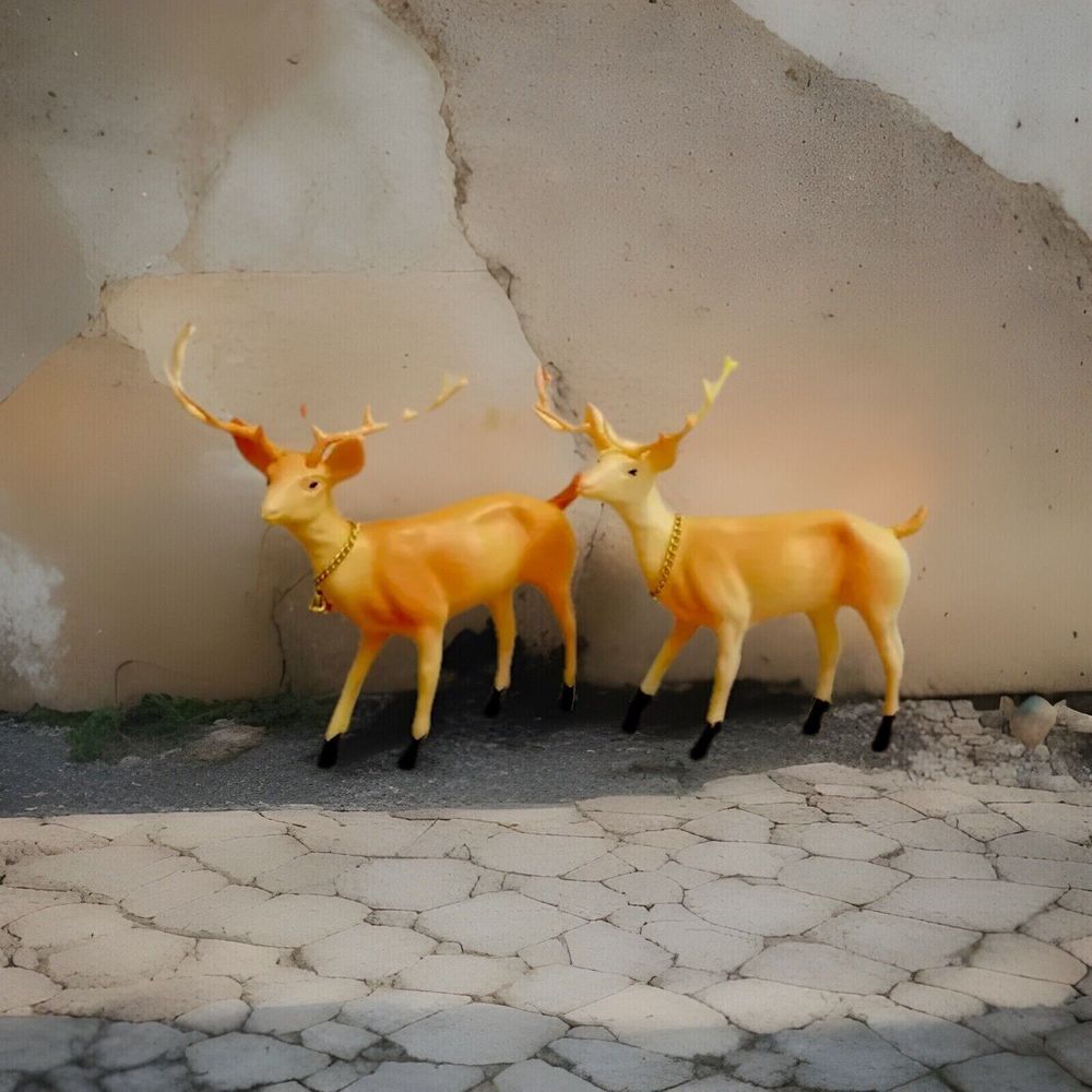 2 Vintage Hard Plastic Blow Mold Deer, Doe, Standing, Walking Reindeer, 6" tall